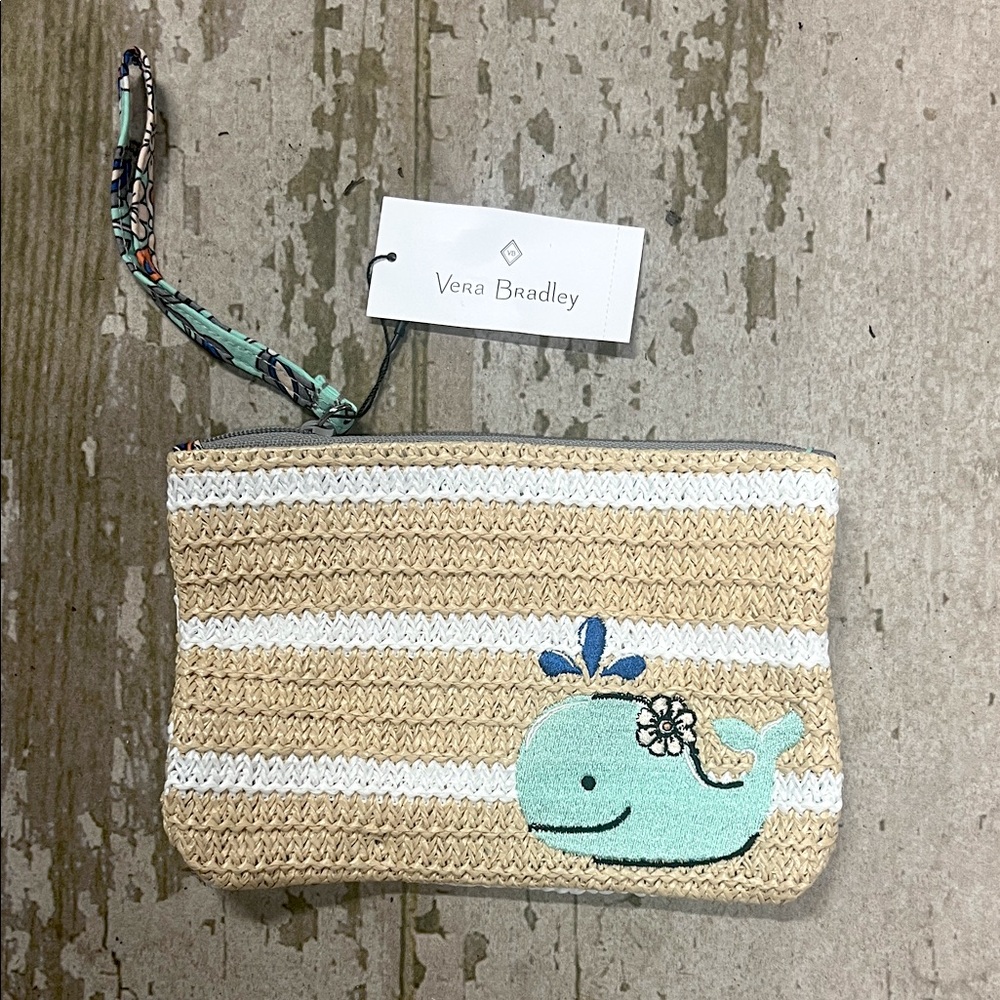 Vera Bradley Tan Stripe and Blue Whale Seashore Wristlet NWT